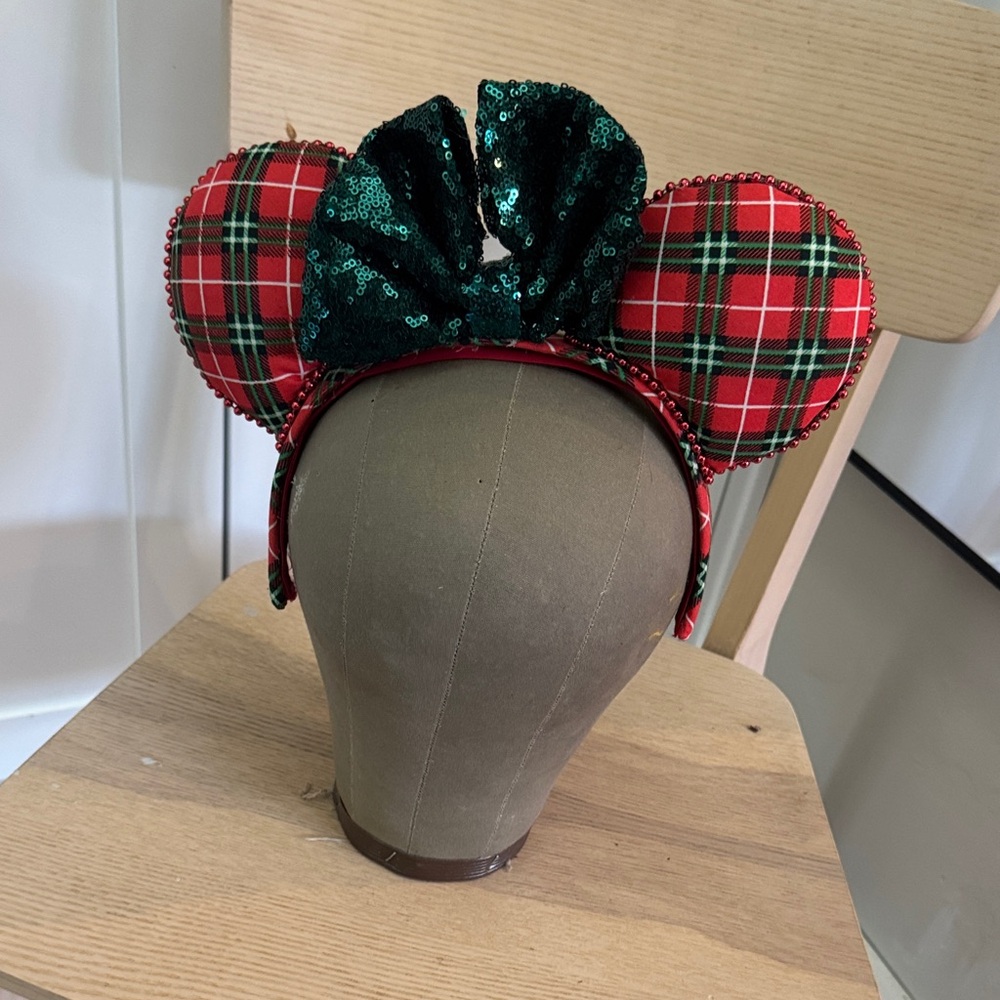 Handmade Plaid Mouse Ears Headband with Green Bow